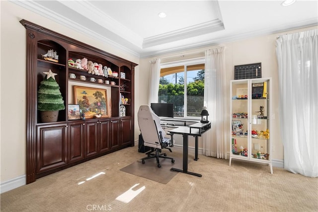 553 Woodward Blvd, Pasadena, CA 91107 - home office featuring light colored carpet, ornamental molding, a tray ceiling, and recessed lighting