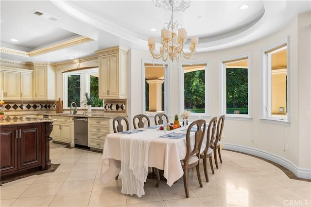 553 Woodward Blvd, Pasadena, CA 91107 - dining room with a tray ceiling, a chandelier, plenty of natural light, light tile patterned flooring, and recessed lighting