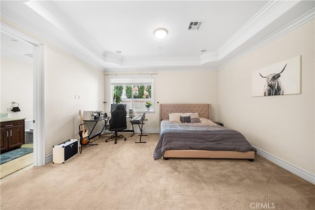 553 Woodward Blvd, Pasadena, CA 91107 - bedroom featuring light carpet, crown molding, a raised ceiling, and baseboards
