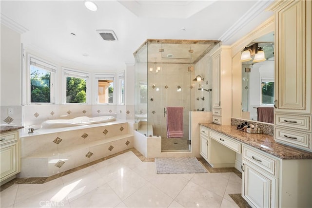 553 Woodward Blvd, Pasadena, CA 91107 - full bath featuring vanity, a bath, crown molding, a stall shower, and recessed lighting