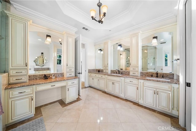 553 Woodward Blvd, Pasadena, CA 91107 - full bathroom featuring crown molding, vanity, tile patterned floors, ornate columns, and a chandelier