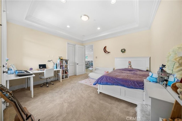 553 Woodward Blvd, Pasadena, CA 91107 - bedroom featuring light carpet, ornamental molding, a raised ceiling, an office area, and recessed lighting