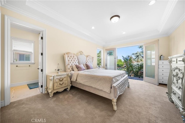 553 Woodward Blvd, Pasadena, CA 91107 - carpeted bedroom featuring multiple windows, access to exterior, crown molding, a raised ceiling, and recessed lighting
