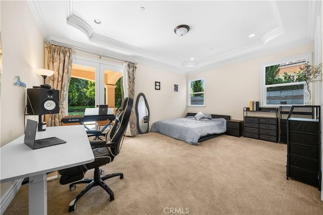 553 Woodward Blvd, Pasadena, CA 91107 - bedroom with ornamental molding, a tray ceiling, carpet floors, and a desk