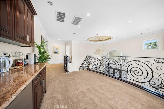 553 Woodward Blvd, Pasadena, CA 91107 - hallway with crown molding, light carpet, recessed lighting, an upstairs landing, and baseboards