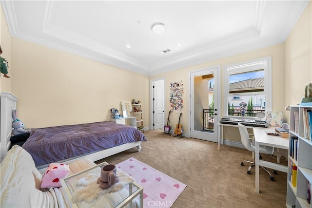 553 Woodward Blvd, Pasadena, CA 91107 - bedroom featuring ornamental molding, a raised ceiling, carpet flooring, access to outside, and baseboards