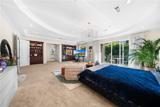 553 Woodward Blvd, Pasadena, CA 91107 - bedroom with crown molding, carpet floors, access to exterior, a raised ceiling, and a chandelier