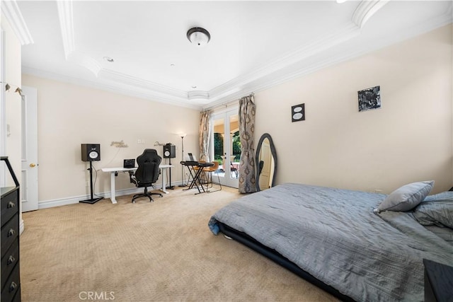 553 Woodward Blvd, Pasadena, CA 91107 - bedroom with french doors, crown molding, a raised ceiling, light carpet, and an office area