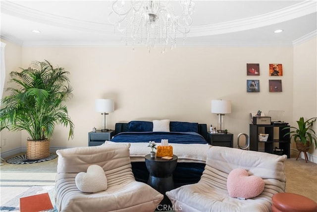 553 Woodward Blvd, Pasadena, CA 91107 - living area with a chandelier, carpet flooring, ornamental molding, recessed lighting, and baseboards