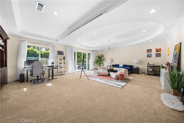 553 Woodward Blvd, Pasadena, CA 91107 - living area featuring a tray ceiling, ornamental molding, an office area, light colored carpet, and recessed lighting