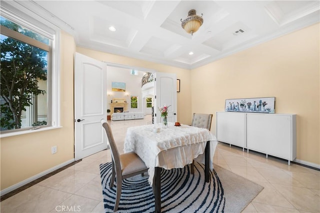 553 Woodward Blvd, Pasadena, CA 91107 - dining room featuring plenty of natural light, coffered ceiling, baseboards, beam ceiling, and light tile patterned floors