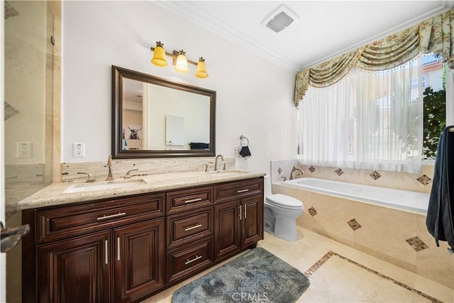 553 Woodward Blvd, Pasadena, CA 91107 - full bath featuring ornamental molding, toilet, a garden tub, double vanity, and tile patterned flooring