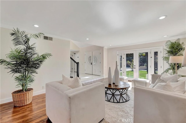 24851 Via Santa Cruz, Mission Viejo, CA 92692 - living area featuring stairway, recessed lighting, crown molding, wood finished floors, and baseboards