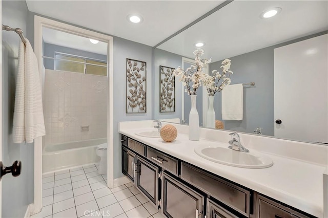 24851 Via Santa Cruz, Mission Viejo, CA 92692 - bathroom featuring double vanity, tile patterned floors, toilet, tub / shower combination, and recessed lighting