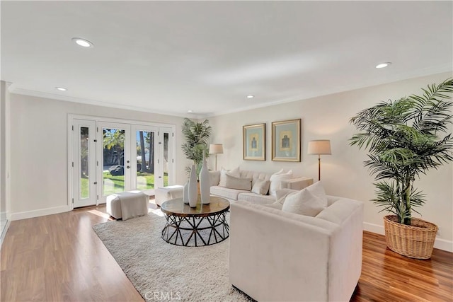 24851 Via Santa Cruz, Mission Viejo, CA 92692 - living room with wood finished floors, french doors, recessed lighting, crown molding, and baseboards