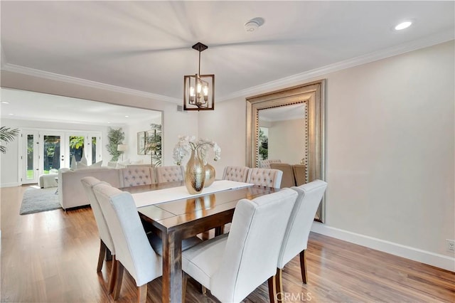 24851 Via Santa Cruz, Mission Viejo, CA 92692 - dining room featuring a chandelier, light wood-type flooring, ornamental molding, baseboards, and recessed lighting