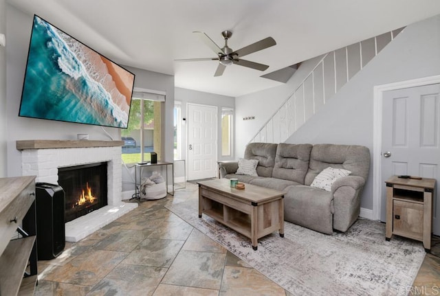 264 Espanas Gln, Escondido, CA 92026 - living room featuring a ceiling fan, a fireplace, stairway, and baseboards
