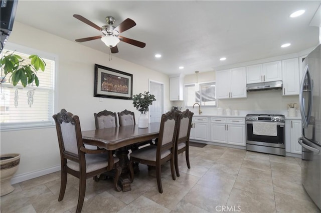 5611 Harold St, Riverside, CA 92503 - dining space featuring a ceiling fan, baseboards, and recessed lighting