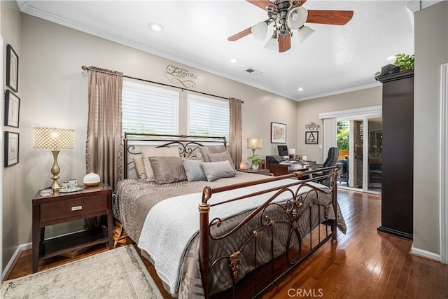 4538 Conquista Ave, Lakewood, CA 90713 - bedroom with crown molding, dark wood finished floors, baseboards, recessed lighting, and a ceiling fan
