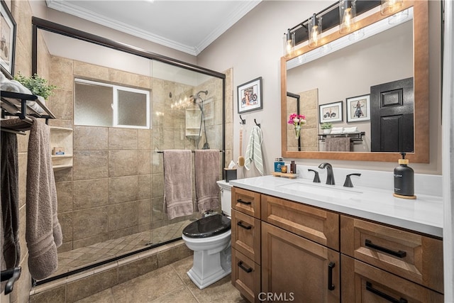 4538 Conquista Ave, Lakewood, CA 90713 - full bathroom with crown molding, toilet, vanity, a shower stall, and tile patterned flooring