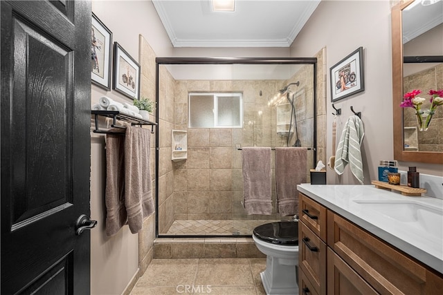 4538 Conquista Ave, Lakewood, CA 90713 - bathroom with toilet, vanity, ornamental molding, a stall shower, and tile patterned floors