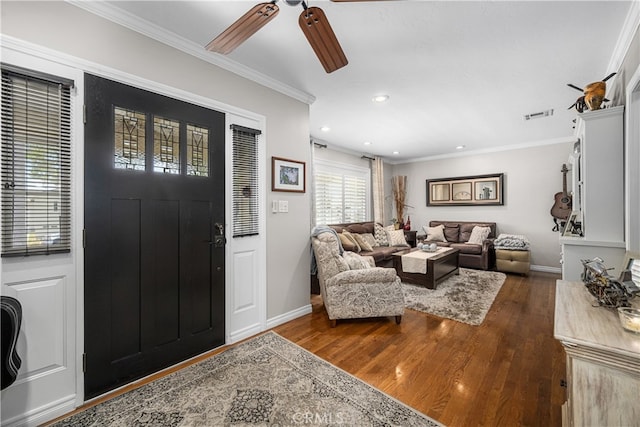 4538 Conquista Ave, Lakewood, CA 90713 - living area with dark wood-style floors, ceiling fan, ornamental molding, baseboards, and recessed lighting