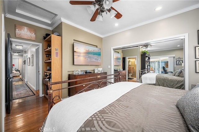 4538 Conquista Ave, Lakewood, CA 90713 - bedroom with wood finished floors, ornamental molding, attic access, recessed lighting, and ceiling fan