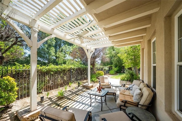 26800 Fairlain Dr, Valencia, CA 91355 - fenced backyard with an outdoor hangout area, a pergola, a patio, and view of wooded area