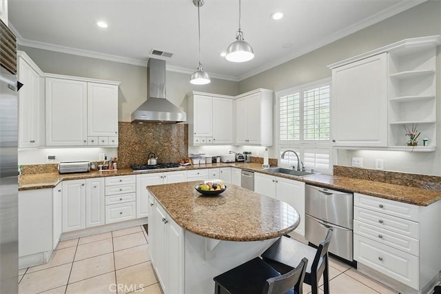 26800 Fairlain Dr, Valencia, CA 91355 - kitchen featuring wall chimney range hood, a sink, appliances with stainless steel finishes, white cabinetry, and ornamental molding