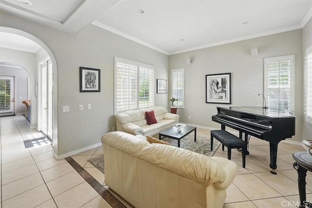 26800 Fairlain Dr, Valencia, CA 91355 - living room featuring light tile patterned flooring, arched walkways, baseboards, and crown molding