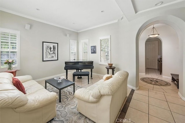 26800 Fairlain Dr, Valencia, CA 91355 - living room featuring light tile patterned floors, arched walkways, baseboards, and crown molding