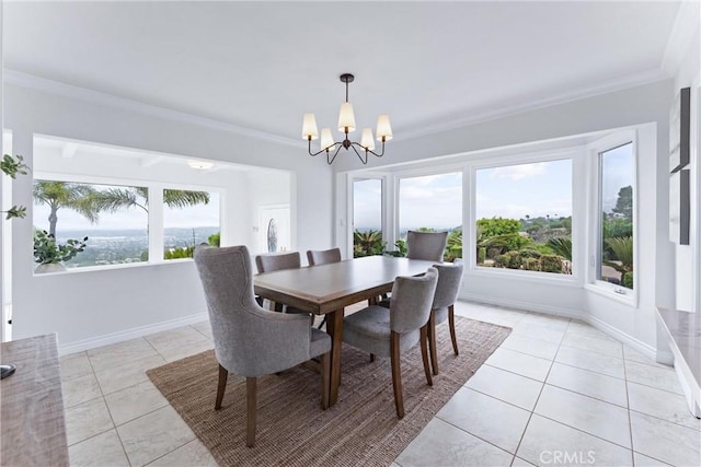 1929 Dorothea Rd, La Habra Heights, CA 90631 - dining area featuring a chandelier, crown molding, light tile patterned floors, and baseboards