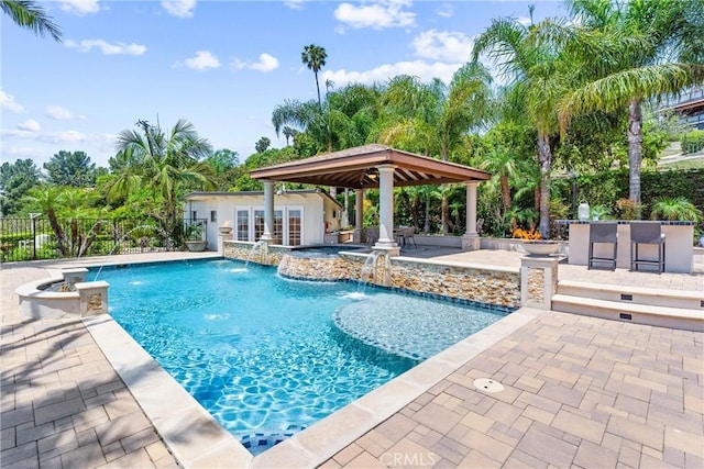 1929 Dorothea Rd, La Habra Heights, CA 90631 - view of pool with a jacuzzi, a gazebo, a patio, a bar, and an outdoor structure