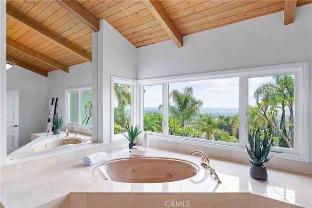 1929 Dorothea Rd, La Habra Heights, CA 90631 - bathroom featuring wooden ceiling, a jetted tub, and healthy amount of natural light