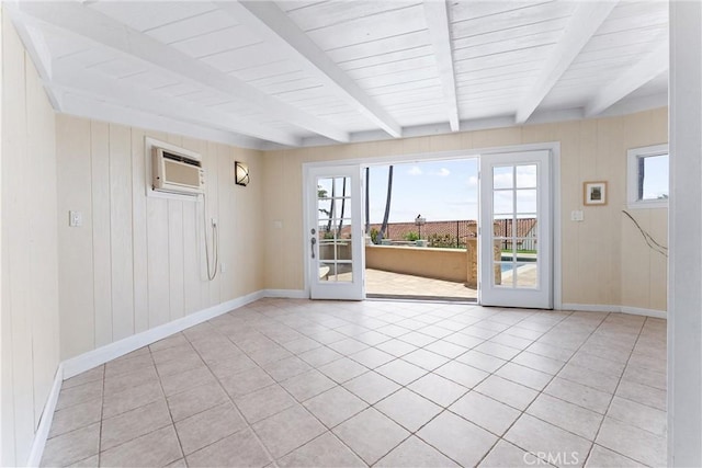 1929 Dorothea Rd, La Habra Heights, CA 90631 - unfurnished room featuring light tile patterned floors, baseboards, wood walls, a wall mounted air conditioner, and wooden ceiling with exposed beams