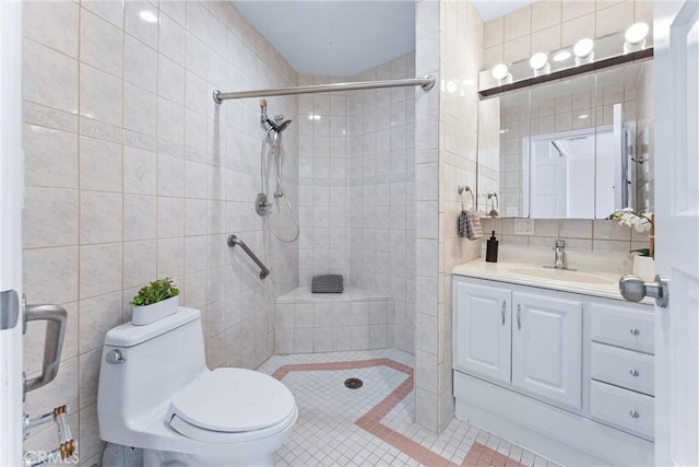 1929 Dorothea Rd, La Habra Heights, CA 90631 - full bath with tile walls, tiled shower, toilet, vanity, and tile patterned flooring