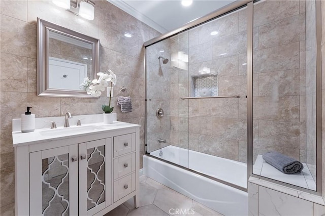 1929 Dorothea Rd, La Habra Heights, CA 90631 - full bathroom with enclosed tub / shower combo, vanity, tile walls, and tile patterned floors