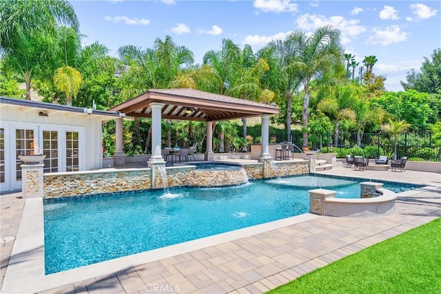 1929 Dorothea Rd, La Habra Heights, CA 90631 - view of pool with a gazebo, a patio, french doors, and a pool with connected hot tub