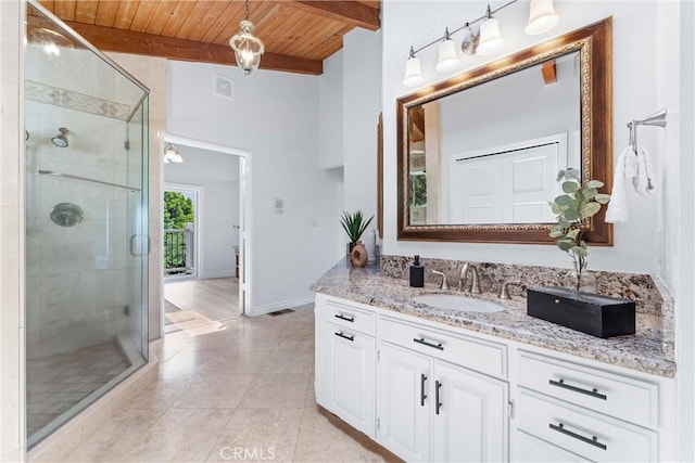 1929 Dorothea Rd, La Habra Heights, CA 90631 - full bath featuring wooden ceiling, vanity, a stall shower, tile patterned floors, and baseboards