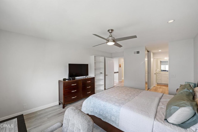 3125 Harbor Blvd, Oxnard, CA 93035 - bedroom with light wood-type flooring, recessed lighting, ensuite bath, and ceiling fan