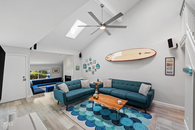 3125 Harbor Blvd, Oxnard, CA 93035 - living room with a skylight, high vaulted ceiling, wood finished floors, a ceiling fan, and a fireplace