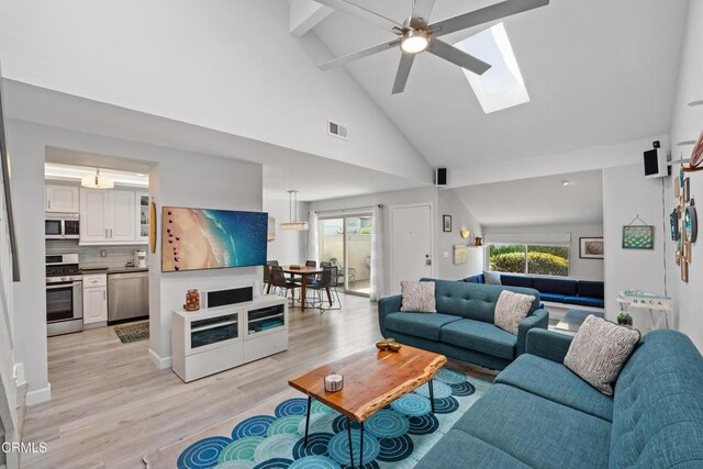 3125 Harbor Blvd, Oxnard, CA 93035 - living area with plenty of natural light, high vaulted ceiling, light wood-style flooring, a ceiling fan, and beamed ceiling