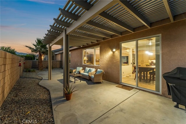 65565 Acoma Ave Unit 1, Desert Hot Springs, CA 92240 - fenced backyard featuring an outdoor living space, a patio, and a pergola