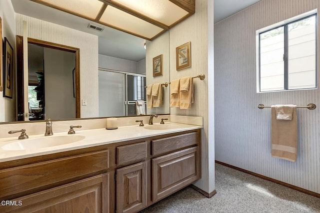 2025 Rosemont Ave Unit 2, Pasadena, CA 91103 - bathroom with double vanity, wallpapered walls, an enclosed shower, and baseboards