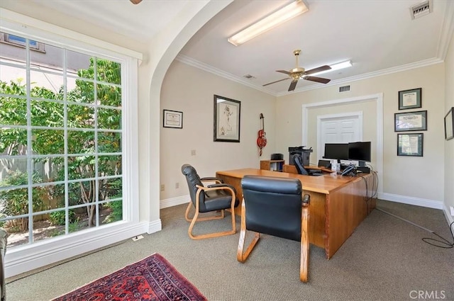 3845 10th St, Riverside, CA 92501 - office with carpet flooring, a ceiling fan, baseboards, and ornamental molding