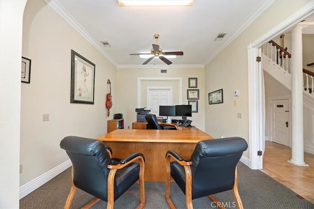 3845 10th St, Riverside, CA 92501 - office space featuring ornamental molding, ceiling fan, baseboards, carpet flooring, and decorative columns
