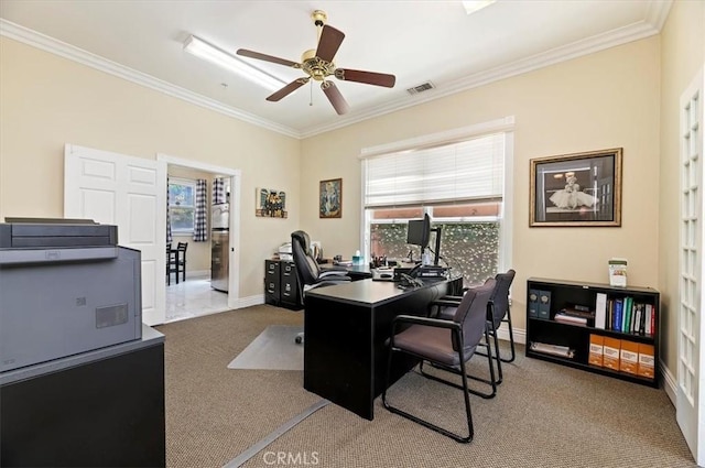 3845 10th St, Riverside, CA 92501 - carpeted office space featuring crown molding, a ceiling fan, and baseboards