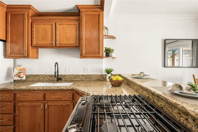 4514 Jamestown, Yorba Linda, CA 92886 - kitchen with a sink, crown molding, brown cabinets, and open shelves