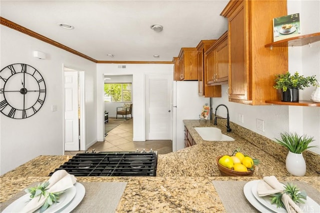 4514 Jamestown, Yorba Linda, CA 92886 - kitchen with a sink, brown cabinets, open shelves, light stone countertops, and ornamental molding
