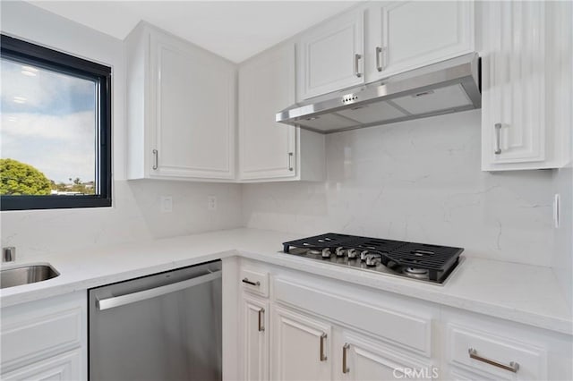900 Cedar St Unit 308, El Segundo, CA 90245 - kitchen featuring appliances with stainless steel finishes, under cabinet range hood, white cabinets, and tasteful backsplash
